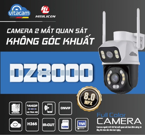 Camera Wifi 8.0 Vitacam DZ8000 ngoài trời, 2 mắt, xoay 360 độ