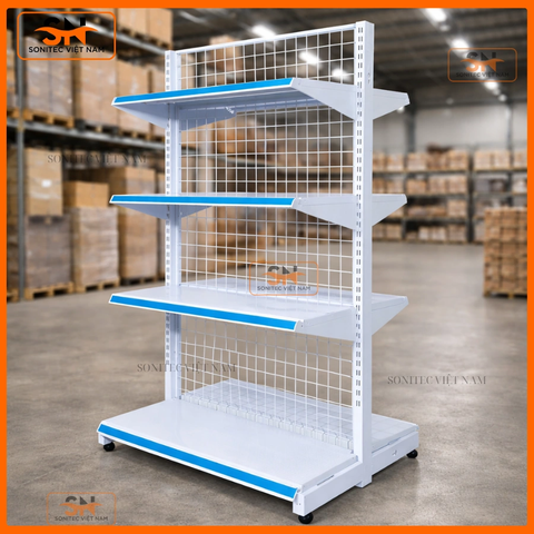 Kệ siêu thị đôi 4 tầng lưng lưới