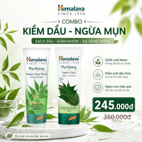 Combo kiềm dầu ngừa mụn lá neem (sữa rửa mặt neem 100ml + mặt nạ đất sét neem 100ml)