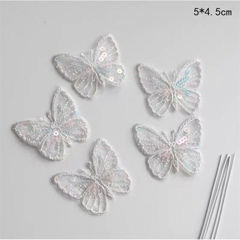 Set 5 que cắm con bướm thêu màu trắng + sequin