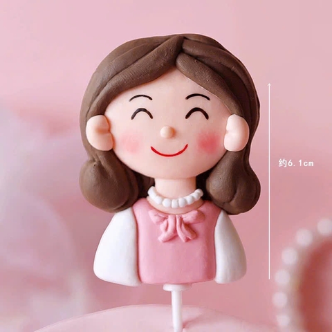 Trang trí gốm mềm mẹ gầy mặc áo hồng tóc nâu