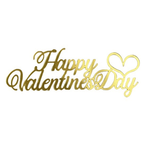 Topper mica Happy Valentine's Day vàng nhỏ + tim vàng (ko que)