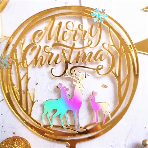 Que mica GS Merry Xmas vòng tròn vàng + tuần lộc trắng