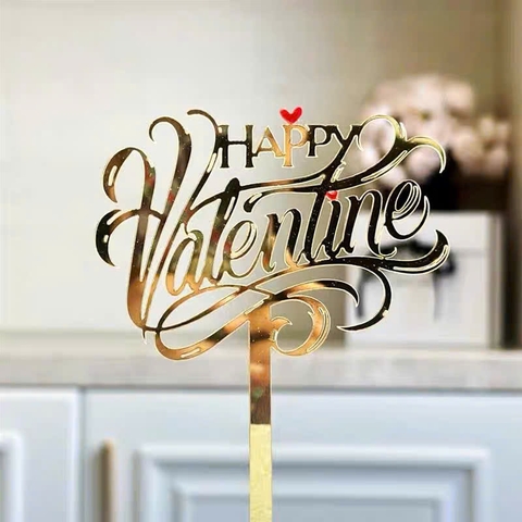 Topper mica Happy Valentine chữ uốn vàng + 2 trái tim đỏ nhỏ