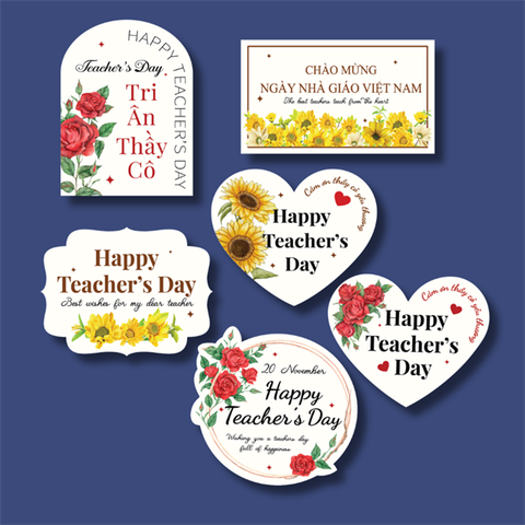 Set 12 tag giấy 20-11 Happy Teacher's day + hoa (GV)