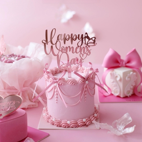 Topper mica mẫu mới Women's Day hồng rose + bướm