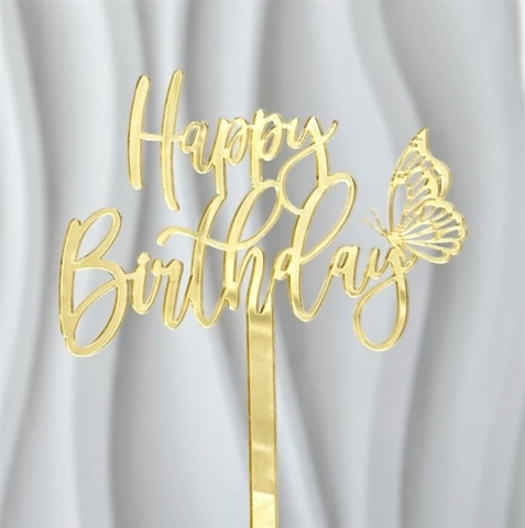 Topper mica HPBD chữ uốn + bướm vàng
