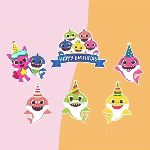 Set 6 que cắm HPBD Baby Shark đội mũ sinh nhật