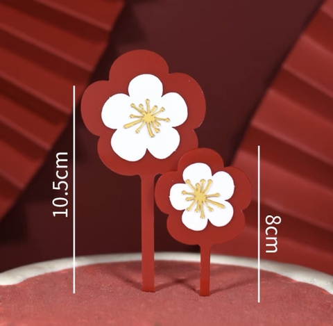 Set 2 topper mica tết hoa mai 3 lớp đỏ + trắng nhụy vàng