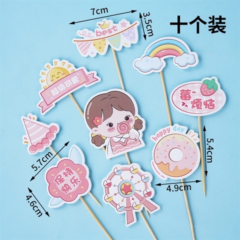 10 Set que cắm bé gái cầm kẹo mút hồng + vòng quay + bánh donut (CD)
