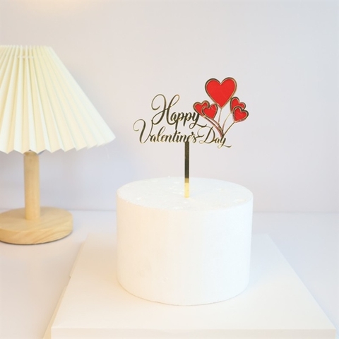 Topper mica Happy Valentine's Day + chùm bóng bay tim đỏ