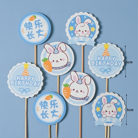 10 set que cắm 8 que HPBD thỏ xanh tròn
