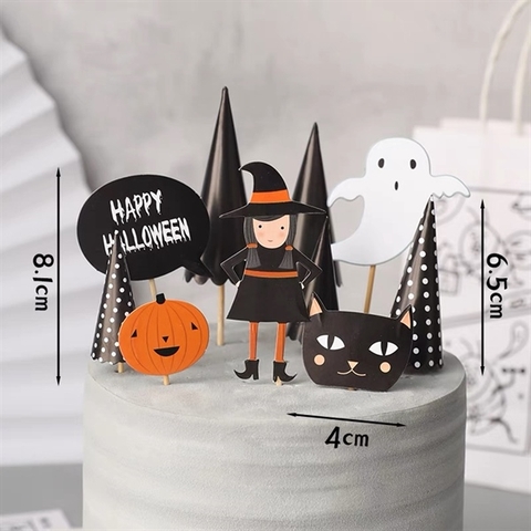 Set que cắm Halloween cô bé phù thủy mũ đen + hàng cây đen