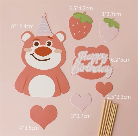 Set 7 que cắm HPBD gấu hồng Lotso + dâu tây + tim (QCG)