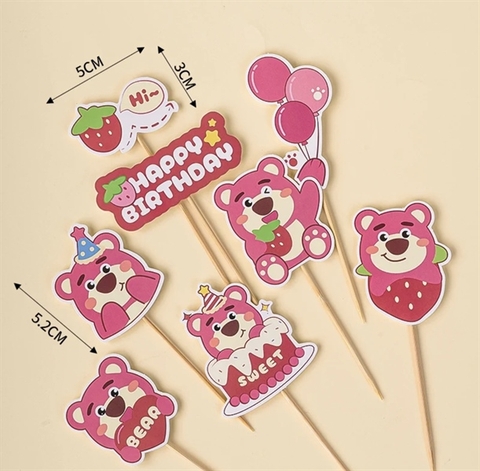 Set 8 que cắm giấy HPBD gấu hồng Lotso cầm bóng bay (QCG)