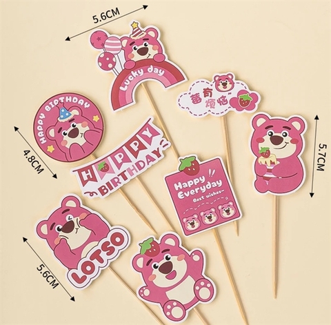 Set 9 que cắm giấy HPBD gấu hồng Lotso Lucky day (QCG)