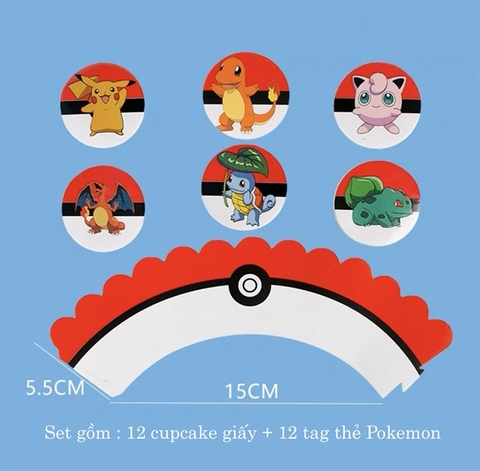 Set 12 tag cắm Pokemon + 12 cupcake Poke