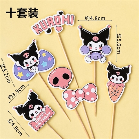 10 set que cắm HPBD Kuromi + nơ chấm bi cam + kem