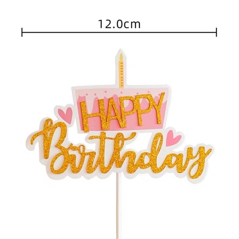 Que cắm HPBD chữ vàng nhũ + tim