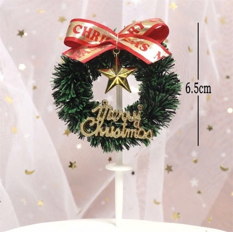 Trang trí GS vòng nguyệt quế Merry Christmas + nơ + sao vàng