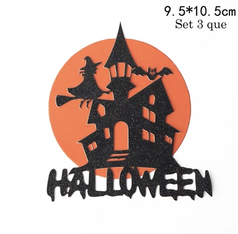 Set 3 que cắm Halloween ngôi nhà ma quái + phù thủy cưỡi chổi