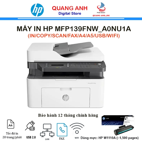 Máy in laser đen trắng đa chức năng HP MFP 139fnw A0NU1A (In | Copy | Scan | Fax A4 | A5 | USB | LAN | WIFI)