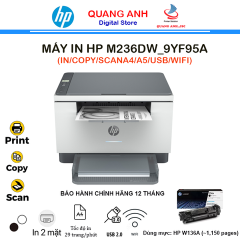 Máy in Laser đen trắng đa năng HP M236DW 9YF95A (In 2 mặt | tốc độ 29 trang/phút | Copy | Scan | A4 | USB 2.0 | LAN | WIFI)