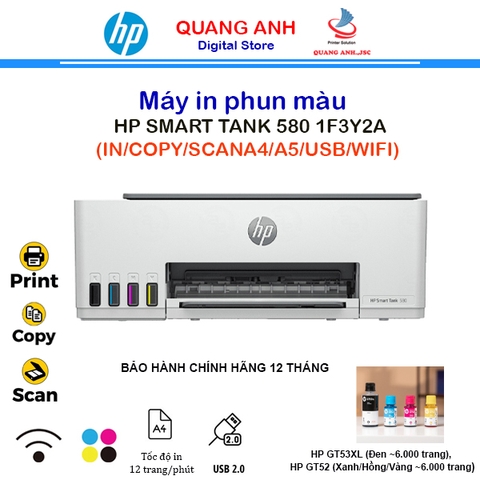 Máy in phun màu đa năng HP Smart Tank 580 1F3Y2A (A4 | In | Scan | Copy | USB | WIFI)