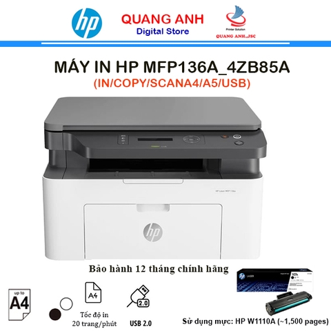 Máy in laser đen trắng đa chức năng HP Laser MFP 136a 4ZB85A (In| Copy| Scan| A4| A5| USB)