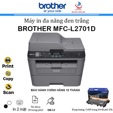 Máy in Laser đen trắng đa năng Brother MFC-L2701D (In 2 mặt, Scan ADF 1 mặt, Copy, A4, USB)