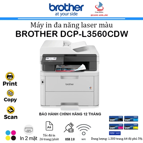 Máy in laser màu Brother DCP-L3560CDW (A4 | A5 | In | Copy | Scan 1 mặt | Đảo mặt | ADF | USB | LAN | WIFI)