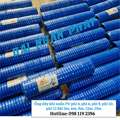 Ống dây khí xoắn PU phi 4, phi 6, phi 8, phi 10, phi 12 dài 3m, 6m, 9m, 12m, 15m