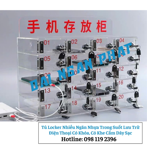 Tủ Locker Nhiều Ngăn Nhựa Trong Suốt Lưu Trữ Điện Thoại Có Khóa, Có Khe Cắm Dây Sạc