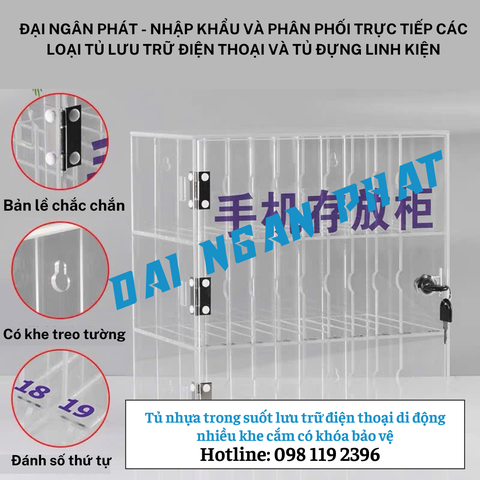 Tủ nhựa trong suốt lưu trữ điện thoại di động nhiều khe cắm có khóa bảo vệ