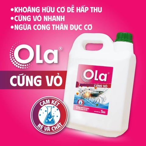 OLA CỨNG VỎ: Khoáng hữu cơ vi lượng dễ hấp thu. Lột xác đồng đều, cứng vỏ nhanh. Phòng ngừa cong thân đục cơ