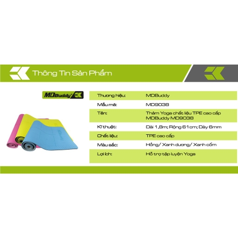 [Mã MASOMLM3 giảm 15% tối đa 50K đơn 150K] Thảm Yoga chất liệu TPE cao cấp MDBuddy MD9038