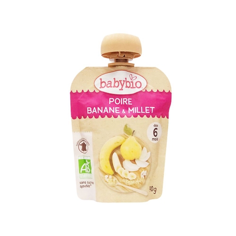 Trái cây nghiền hữu cơ cho bé vị lê, chuối, hạt kê Babybio 90g (≥ 6 tháng)