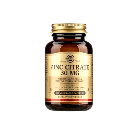 Viên uống Zinc Citrate 30mg L/100v SOLGAR Kẽm hữu cơ hỗ trợ đề kháng