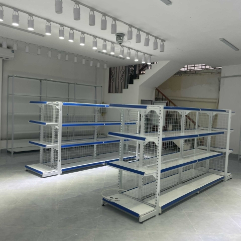 Kệ siêu thị đôi cao 1m5 dài 2m4 và 2 bộ kệ đầu đốc