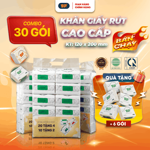 Mua 30 Tặng 6 Gói Khăn Giấy Rút BP Tissue Gói 270 Tờ 3 Lớp Dày Mềm Thấm Hút Nhanh Thiết Kế Tiện Lợi