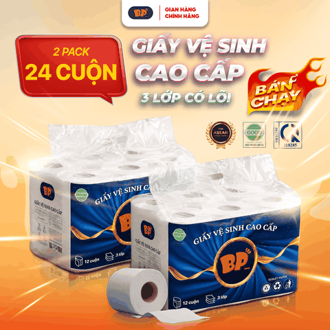 Combo 2 Bịch Giấy Vệ Sinh Có Lõi Cao Cấp BP Tissue 12 Cuộn 3 Lớp Chất Liệu Mềm Mại An Toàn Loại Bỏ 99% V.i K.huẩn Thấm Hút Tốt Tiện Lợi