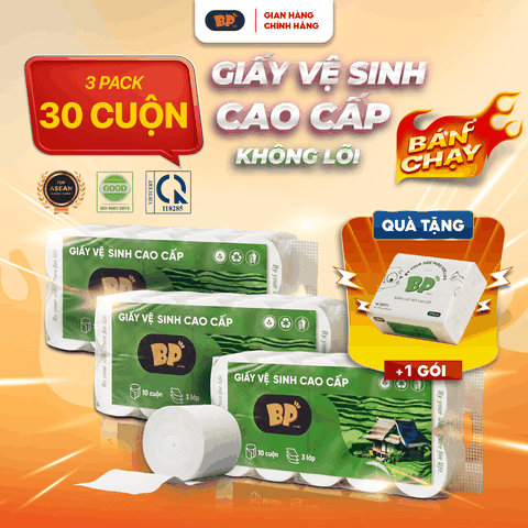 Combo 3 Bịch Giấy Vệ Sinh BP Tissue 10 Cuộn Dày 3 Lớp Cao Cấp Mềm Mịn An Toàn Lành Tính Dịu Nhẹ( Tặng 1 gói giấy rút 270 tờ)