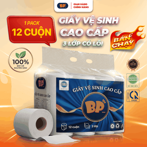 Giấy Vệ Sinh Có Lõi Cao Cấp BP Tissue 12 Cuộn 3 Lớp Chất Liệu Mềm Mại An Toàn Loại Bỏ 99% V.i K.huẩn Thấm Hút Tốt Tiện Lợi