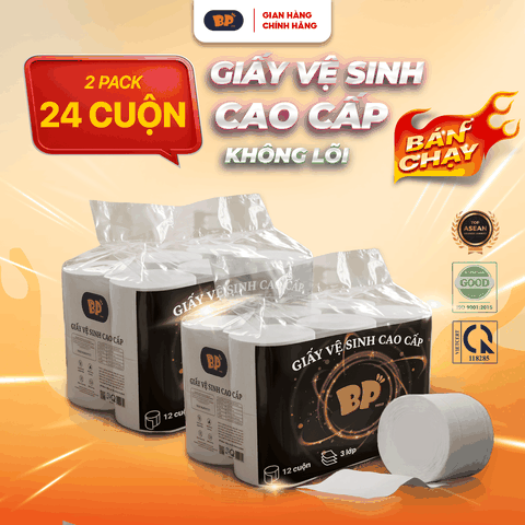 Giấy Vệ Sinh Cao Cấp Không Lõi BP Tissue 12 Cuộn 3 Lớp Chất Liệu Mềm Mại An Toàn Loại Bỏ 99% V.i K.huẩn Thấm Hút Tốt Tiện Lợi
