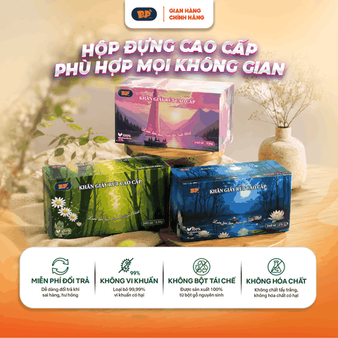 Combo 3 Hộp Giấy Rút Cao Cấp BP Tissue Hộp 240 Tờ 100% Bột Giấy Nguyên Sinh Thấm Hút Tốt An Toàn Cho Da