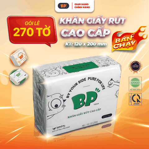 Gói Khăn Giấy Rút BP Tissue Gói 270 Tờ 3 Lớp Dày Mềm Thấm Hút Nhanh Thiết Kế Tiện Lợi