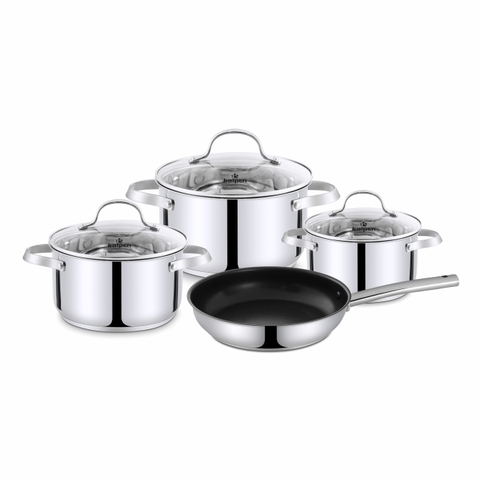 Bộ nồi 4 món inox 304, 5 đáy Kalpen Lermat L2. Nồi size 18-22-26cm và chảo chống dính 26cm
