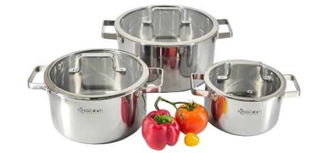 Bộ nồi inox 304 liền khối, 3 nồi size 16-20-24cm KINGCOOK KPS1780, Bảo hành 20 năm