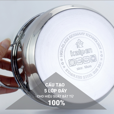 Bộ nồi 4 món inox 304, 5 đáy Kalpen Lermat L2. Nồi size 18-22-26cm và chảo chống dính 26cm