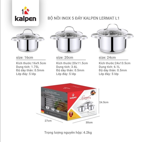 Bộ nồi inox 304 cao cấp 5 đáy Kalpen Lermat L1